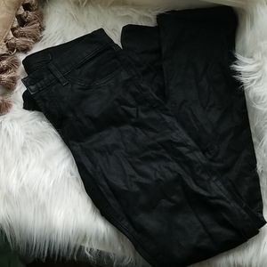 Waxed straight leg jeans.